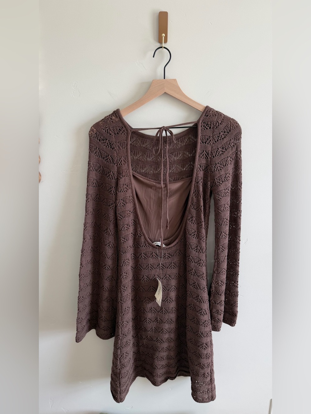 Abercrombie Long Sleeve Crochet Style Mini Dress in Dark Brown - Picture 9 of 12